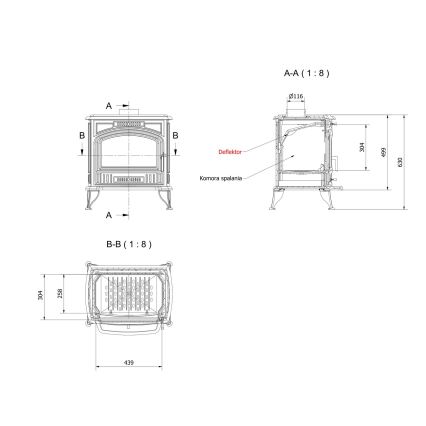 Kratki - Litoželezni kamin 8kW 130mm