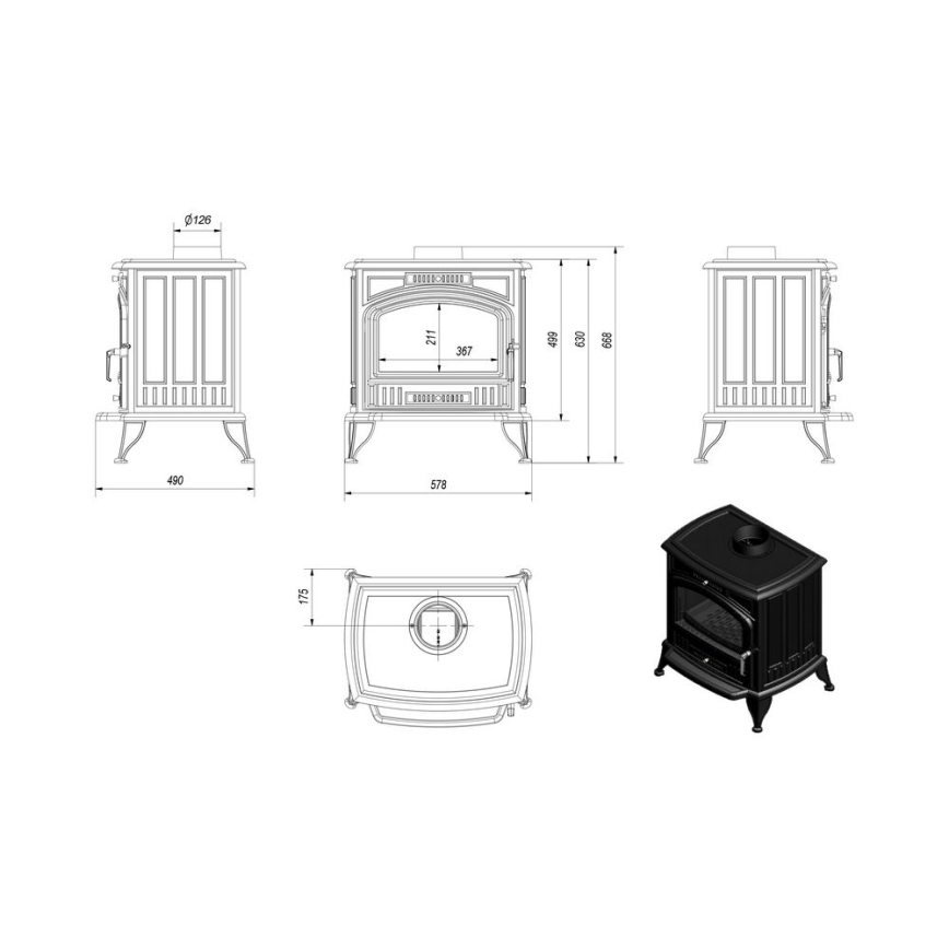 Kratki - Litoželezni kamin 8kW 150mm