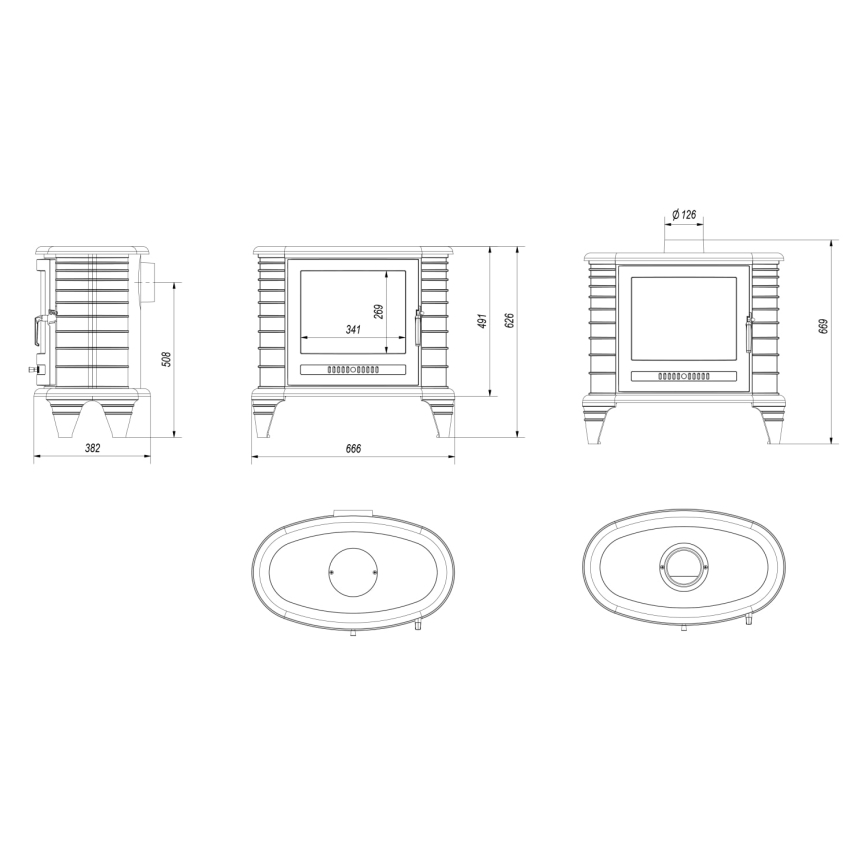 Kratki - Litoželezni kamin 9kW 130 mm