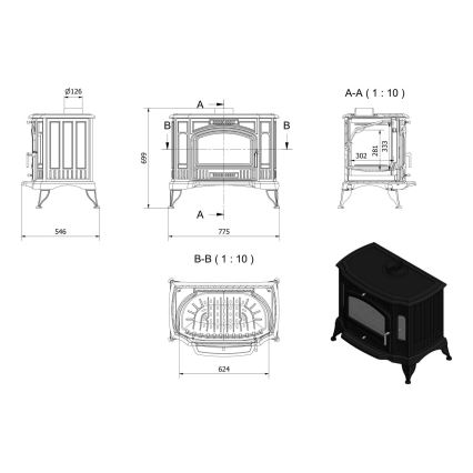 Kratki - Litoželezni kamin 10kW 130mm