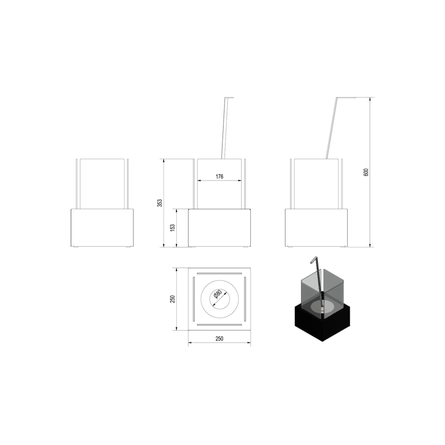 Kratki - BIO kamin 35,3x25 cm 1kW črna