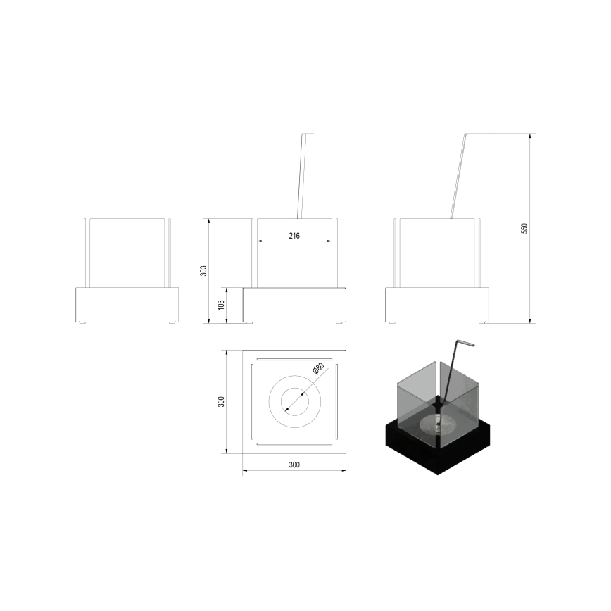 Kratki - BIO kamin 30,3x30 cm 1kW bela