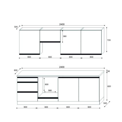 Kuhinjski blok MARINA 240 cm, hrast craft/črna v visokem sijaju