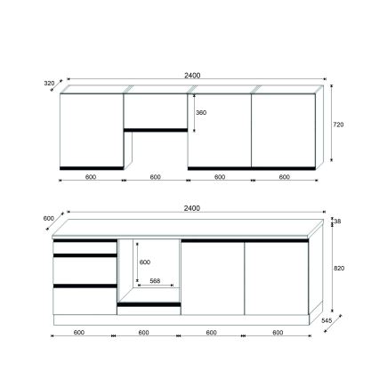 Kuhinjski blok MARINA 240 cm, hrast craft/črna v visokem sijaju