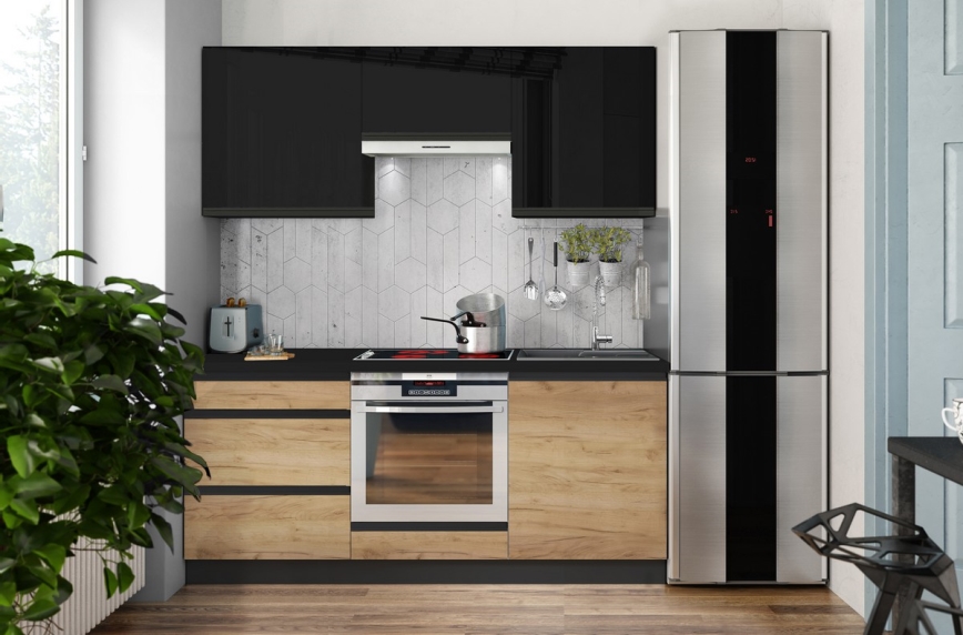 Kuhinjski sestav MARINA 180 cm hrast craft/sijajna črna