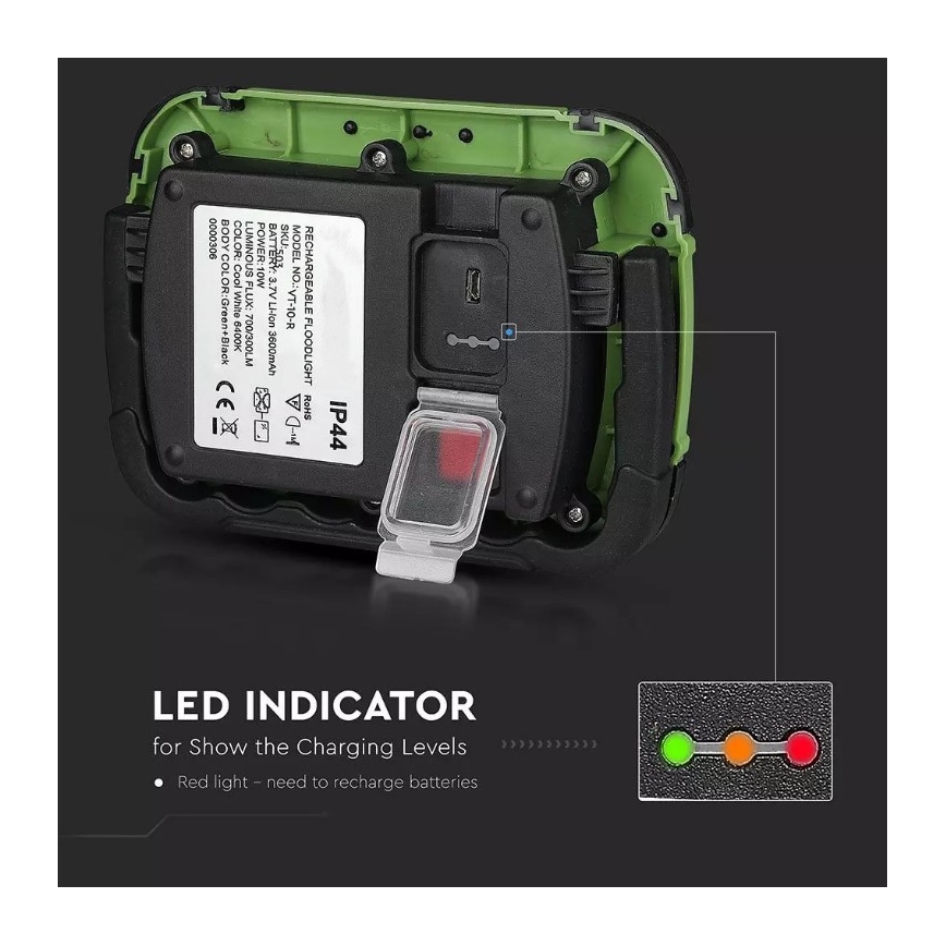 LED Baterijski reflektor SAMSUNG CHIP LED/10W/3,7V IP44 4000K zelen