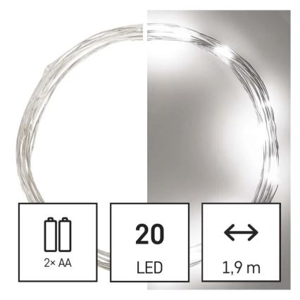 LED Božična veriga 20xLED/2xAA 2,4m hladno bela
