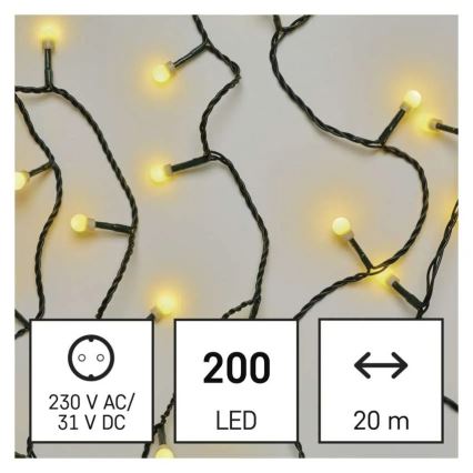 LED božični niz, 200 LED, 8 funkcij, 20 m, IP44, topla bela