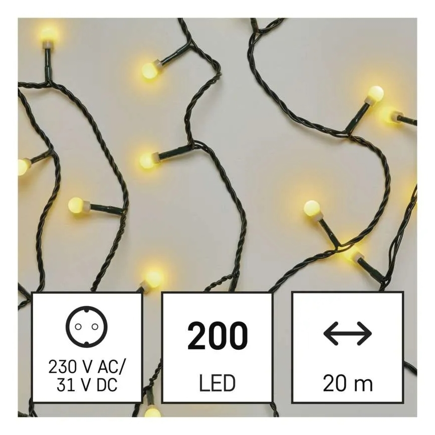 LED božični niz, 200 LED, 8 funkcij, 20 m, IP44, topla bela