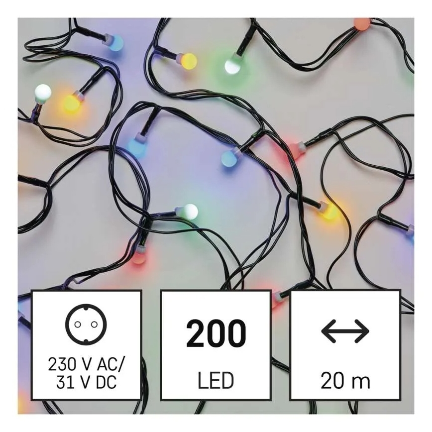 LED božični niz, 200 LED, 8 načinov, 25 m, IP44, večbarven