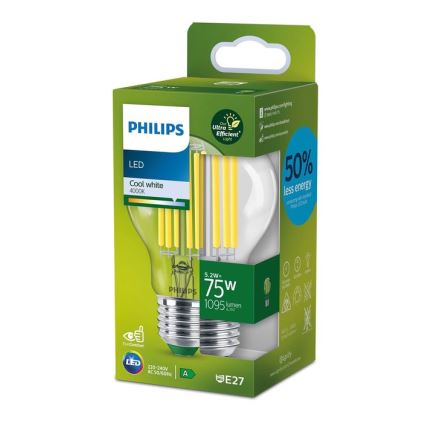 LED filamentna žarnica Philips A60 E27/5,2W/230V 4000K