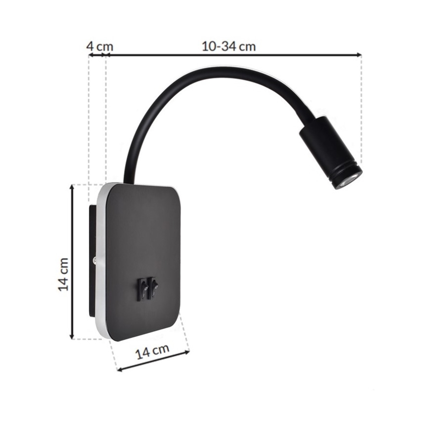 LED Fleksibilna stenska svetilka BASE 1xLED/8W+1xLED/2W/230V črna/srebrna