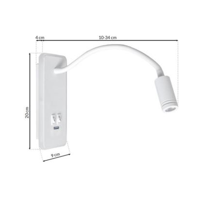 LED Fleksibilna stenska svetilka z USB BASE 1xLED/8W+1xLED/2W/230V bela