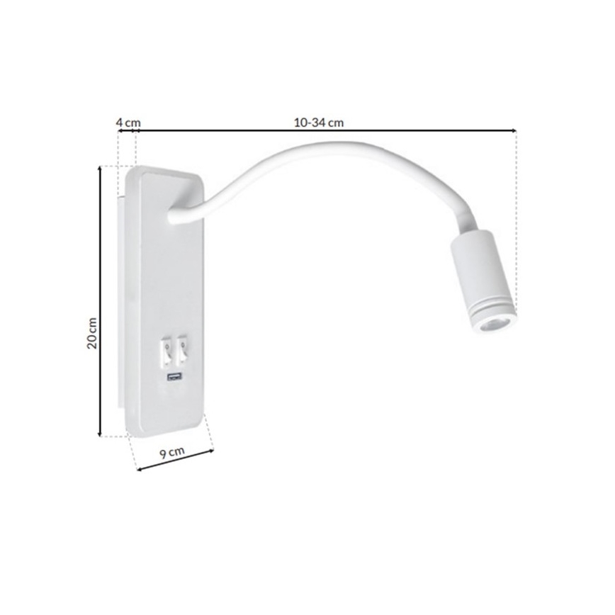 LED Fleksibilna stenska svetilka z USB BASE 1xLED/8W+1xLED/2W/230V bela