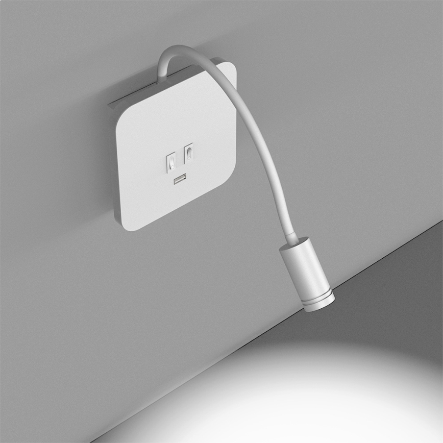 LED Fleksibilna stenska svetilka z USB BASE 1xLED/8W + 1xLED/2W/230V bela