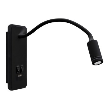 LED Fleksibilna stenska svetilka z USB BASE 1xLED/8W+1xLED/2W/230V črna