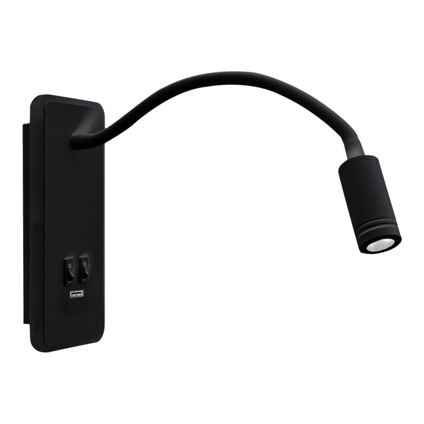 LED Fleksibilna stenska svetilka z USB BASE 1xLED/8W+1xLED/2W/230V črna