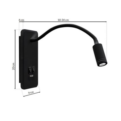 LED Fleksibilna stenska svetilka z USB BASE 1xLED/8W+1xLED/2W/230V črna