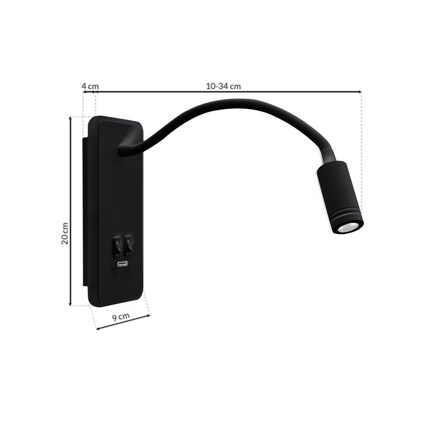 LED Fleksibilna stenska svetilka z USB BASE 1xLED/8W+1xLED/2W/230V črna