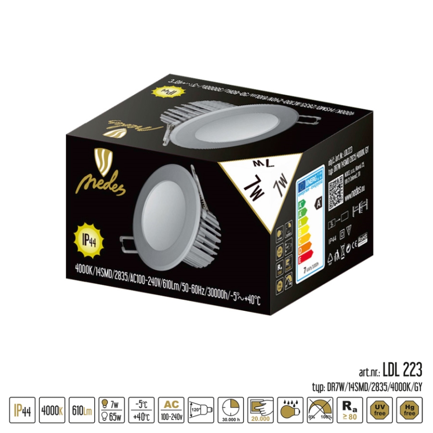 Nedes LDL223 - LED Kopalniška vgradna svetilka LED/7W/230V 4000K siva IP44