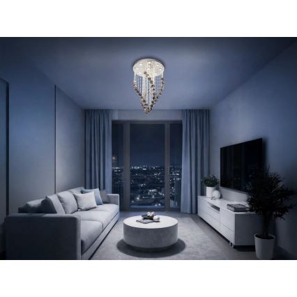 Kristalno LED stropno svetilo NAURU, 30 W, 230 V, Ø 40 cm, sijajni krom/črna + daljinski upravljalnik