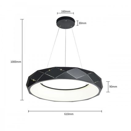 LED lestenec na kablu REUS, 36 W, 230 V, 4000 K, premer 61 cm, črna