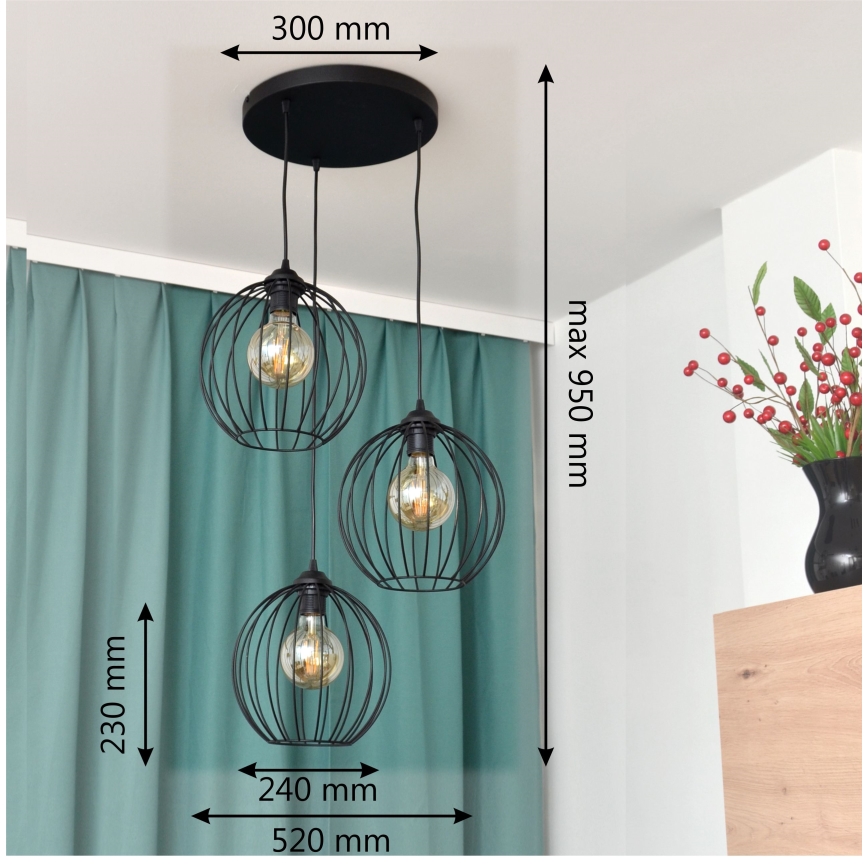 LED Lestenec na vrvici MERCURE 3xE27/15W/230V ø 50 cm črna