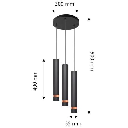 LED Lestenec na vrvici TUBA 3xGU10/4,8W/230V črn/baker