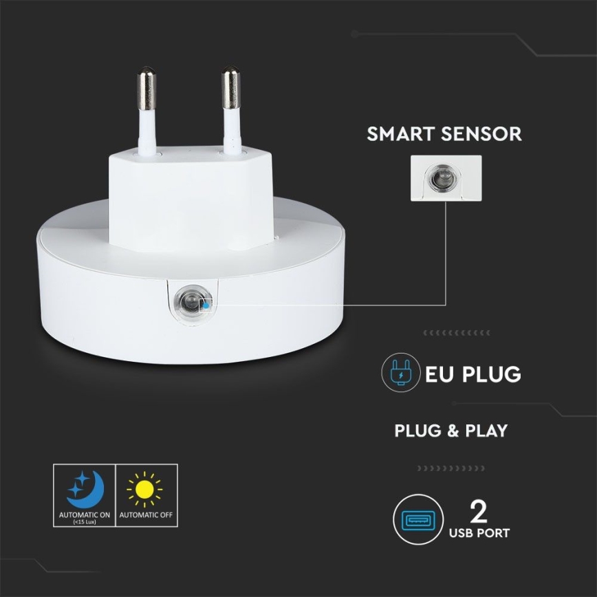 LED Nočna luč za vtičnico s senzorjem za mrak 2xUSB LED/0,45W/230V 3000K