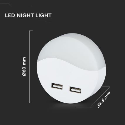 LED Nočna luč za vtičnico s senzorjem za mrak 2xUSB LED/0,45W/230V 3000K