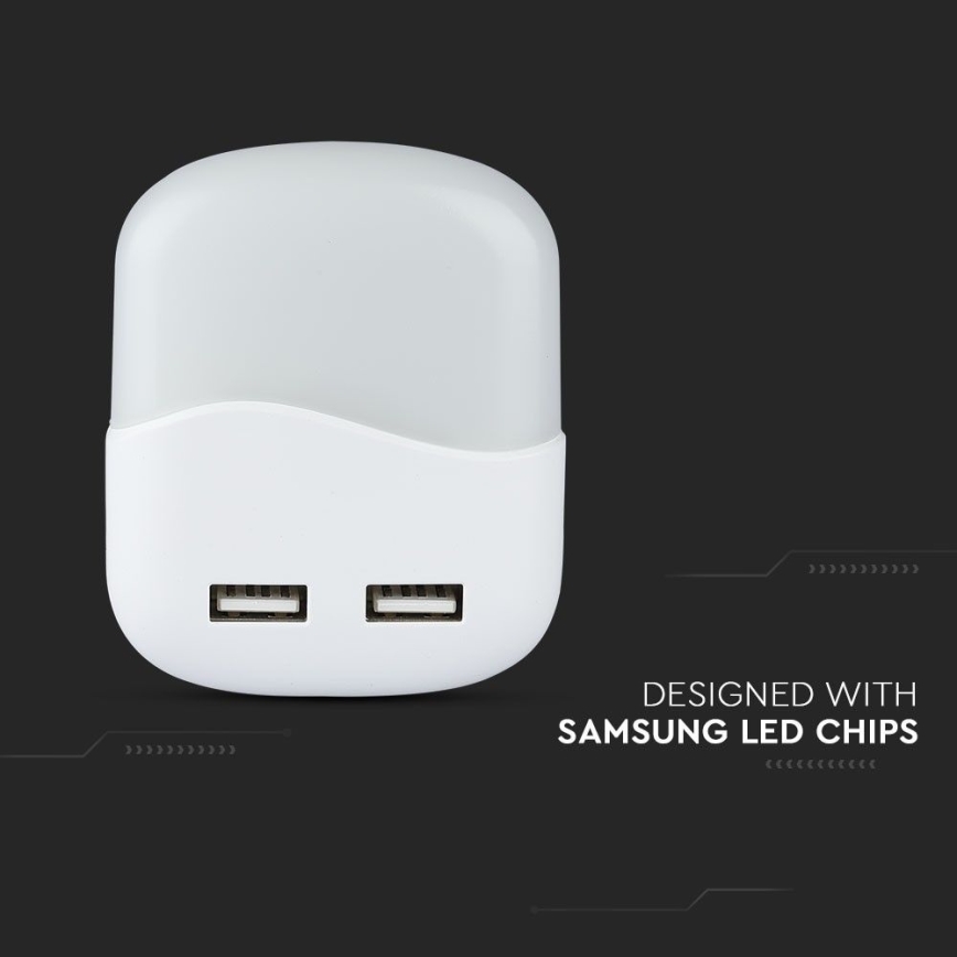 LED Nočna luč za vtičnico s senzorjem za mrak 2xUSB LED/0,45W/230V 3000K
