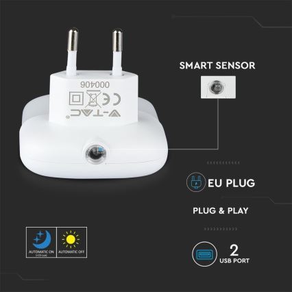 LED Nočna luč za vtičnico s senzorjem za mrak 2xUSB LED/0,45W/230V 3000K
