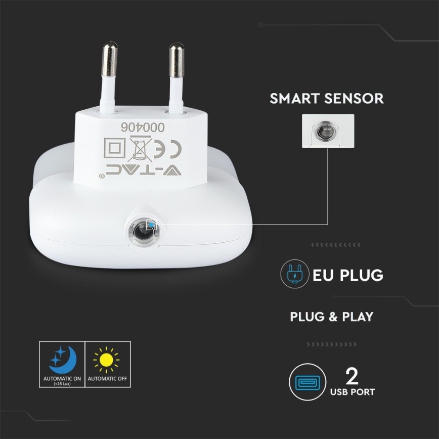 LED Nočna luč za vtičnico s senzorjem za mrak 2xUSB LED/0,45W/230V 3000K