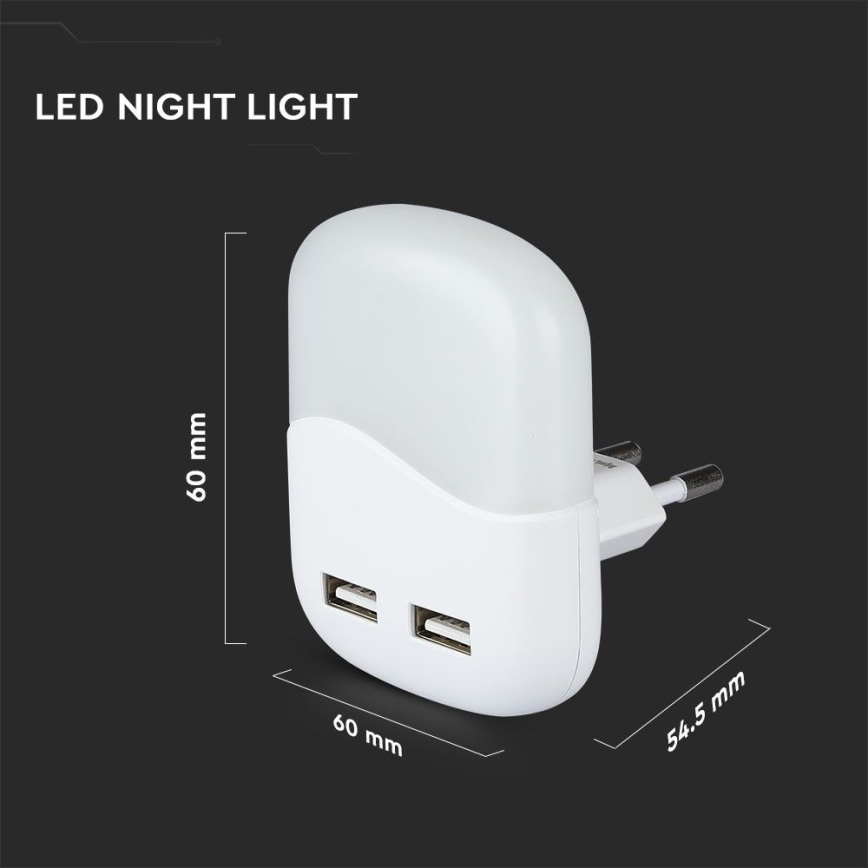 LED Nočna luč za vtičnico s senzorjem za mrak 2xUSB LED/0,45W/230V 3000K