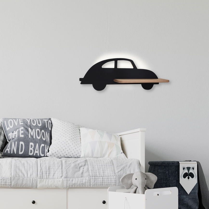 LED otroška stenska svetilka s polico CAR LED/5W/230V črna/les