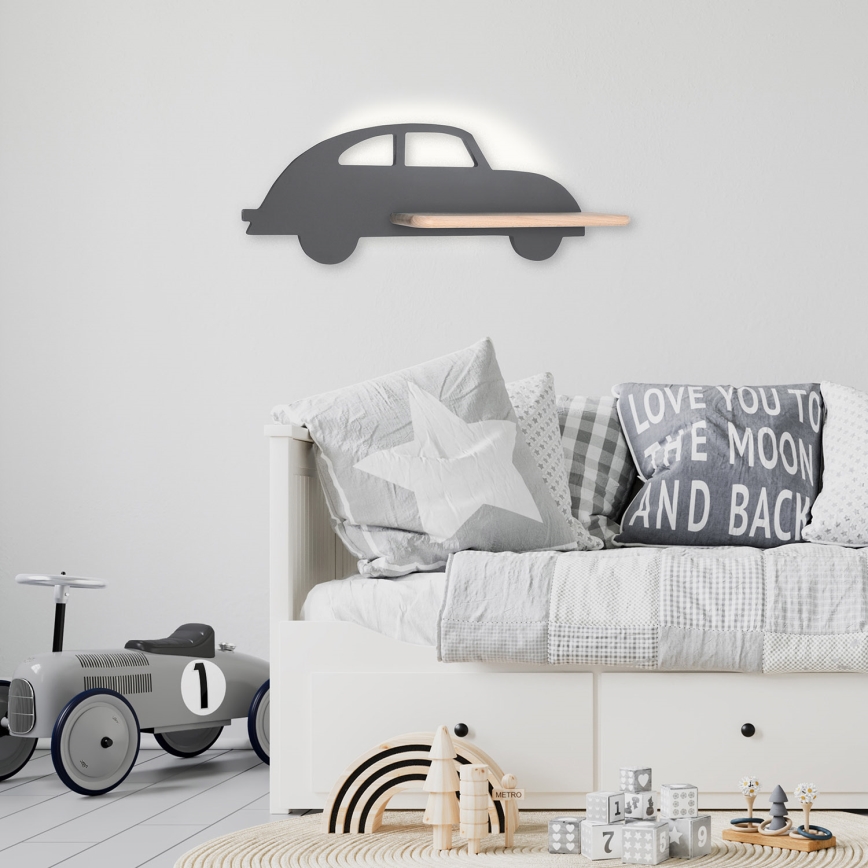 LED Otroška stenska svetilka s polico CAR LED/5W/230V siva/les - FSC certifikat