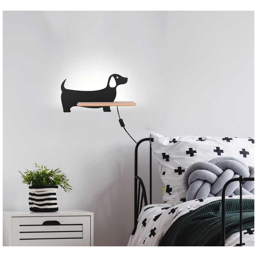 LED Otroška stenska svetilka s polico DOG LED/5W/230V črna/les - FSC certifikat