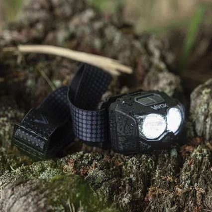 LED Zatemnitvena polnilna naglavna svetilka s senzorjem in rdeča luč 2xLED/5W/5V/3xAAA IP65 500 sijajni 1200 mAh