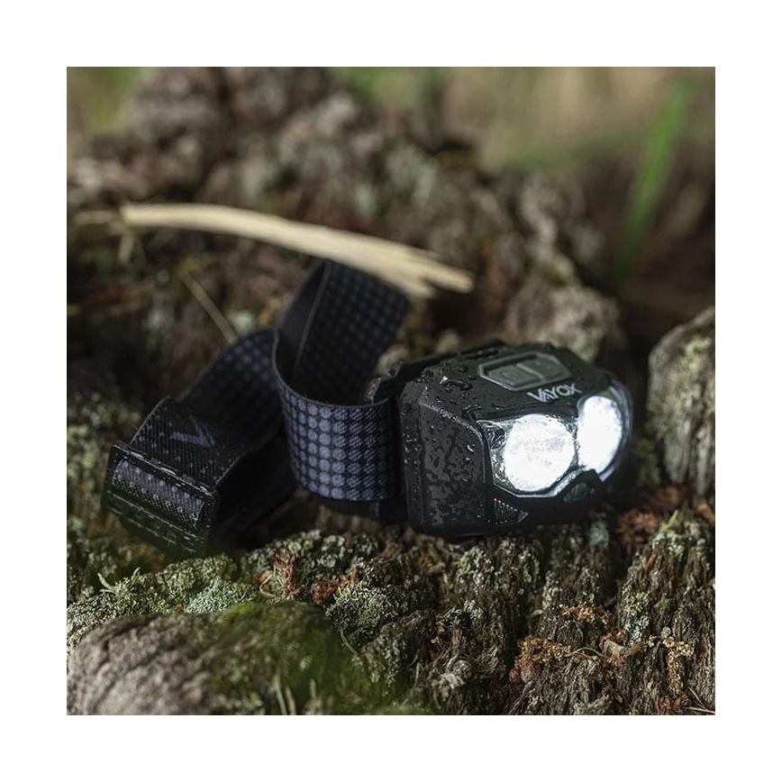 LED Zatemnitvena polnilna naglavna svetilka s senzorjem in rdeča luč 2xLED/5W/5V/3xAAA IP65 500 sijajni 1200 mAh