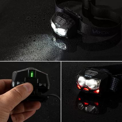 LED Zatemnitvena polnilna naglavna svetilka s senzorjem in rdeča luč 2xLED/5W/5V/3xAAA IP65 500 sijajni 1200 mAh