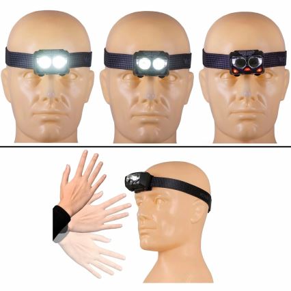 LED Zatemnitvena polnilna naglavna svetilka s senzorjem in rdeča luč 2xLED/5W/5V/3xAAA IP65 500 sijajni 1200 mAh