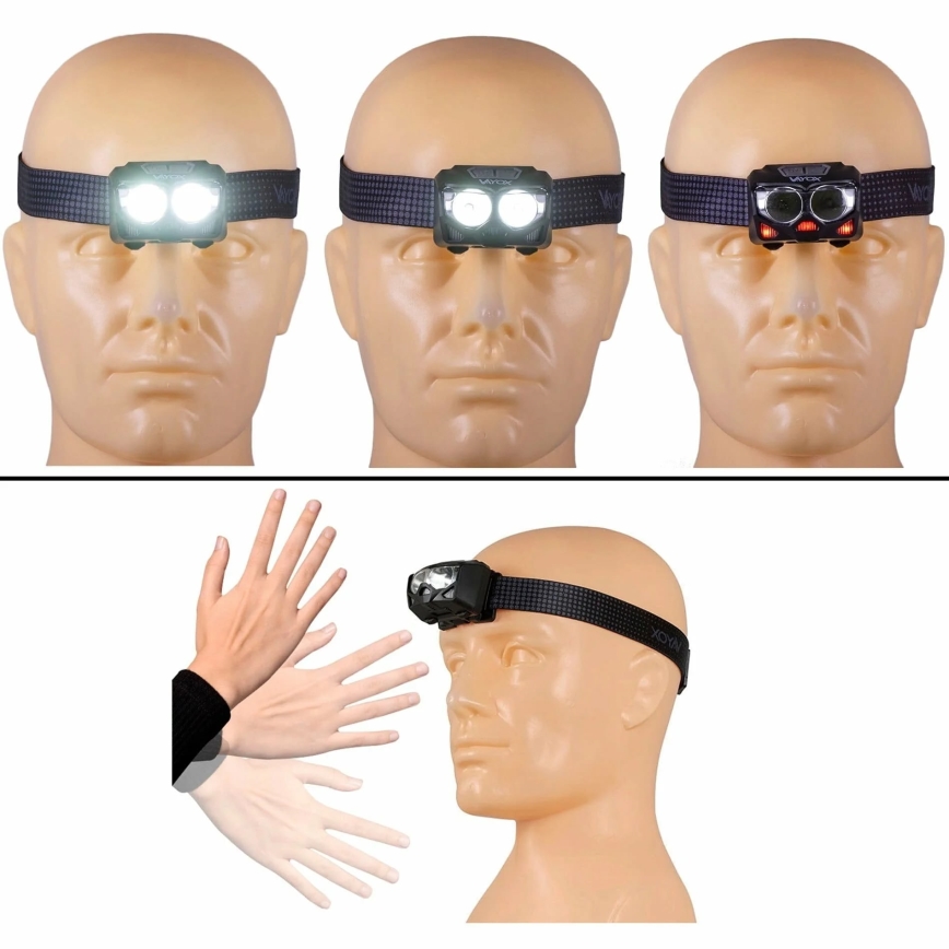LED Zatemnitvena polnilna naglavna svetilka s senzorjem in rdeča luč 2xLED/5W/5V/3xAAA IP65 500 sijajni 1200 mAh