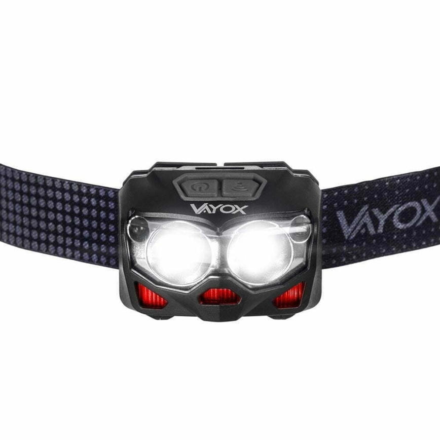 LED Zatemnitvena polnilna naglavna svetilka s senzorjem in rdeča luč 2xLED/5W/5V/3xAAA IP65 500 sijajni 1200 mAh