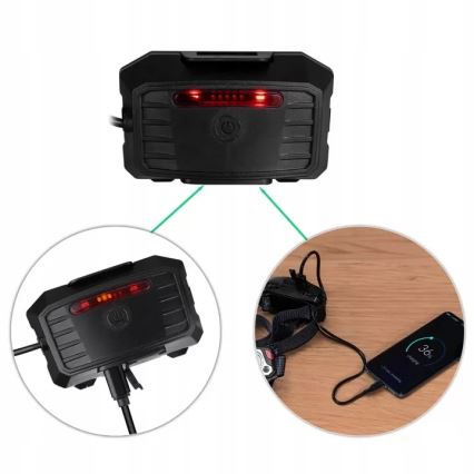 LED Zatemnitvena polnilna naglavna svetilka s senzorjem s funkcijo power bank in rdeča luč LED/10W/5V IP44 1200 sijajni 4000 mAh