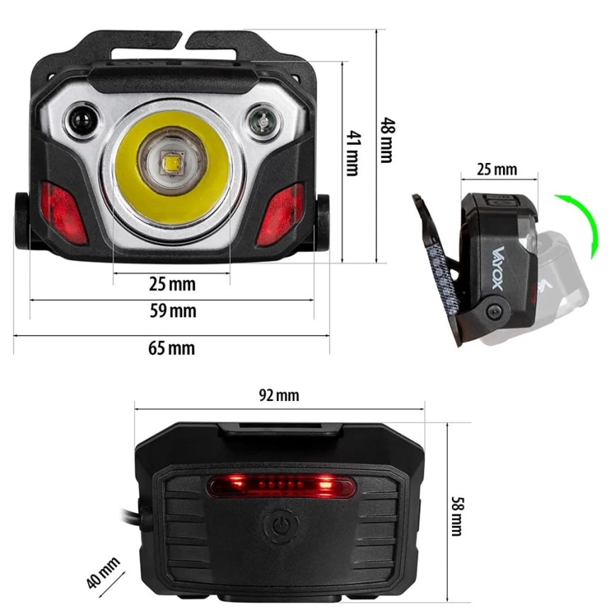 LED Zatemnitvena polnilna naglavna svetilka s senzorjem s funkcijo power bank in rdeča luč LED/10W/5V IP44 1200 sijajni 4000 mAh