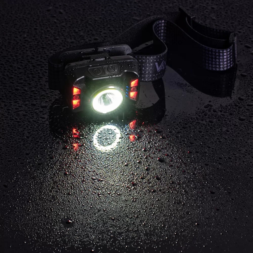 LED Zatemnitvena polnilna naglavna svetilka s senzorjem in rdeča luč LED/15W/5V IP66 430 sijajni 1800 mAh
