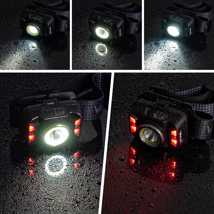 LED Zatemnitvena polnilna naglavna svetilka s senzorjem in rdeča luč LED/15W/5V IP66 430 sijajni 1800 mAh