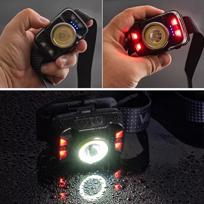 LED Zatemnitvena polnilna naglavna svetilka s senzorjem in rdeča luč LED/15W/5V IP66 430 sijajni 1800 mAh