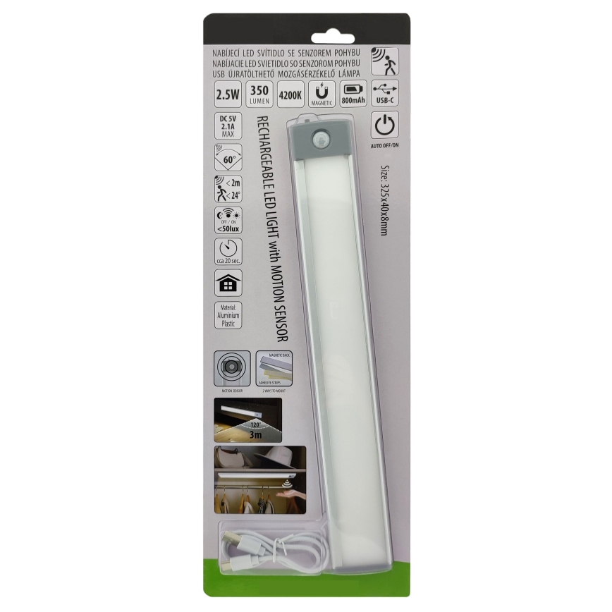 LED Polnilna pohištvena razsvetljava s senzorjem LED/2,5W/5V USB 800 mAh 4200K 32,5 cm
