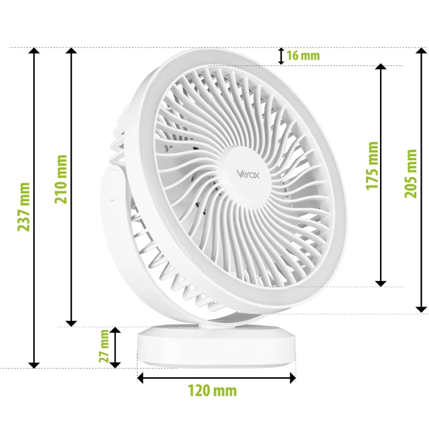 LED polnilni namizni ventilator z LED osvetlitvijo LED/3W/5V USB 2400 mAh bela